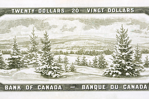 Laurentian hills in winter from old Canadian money - Dollars