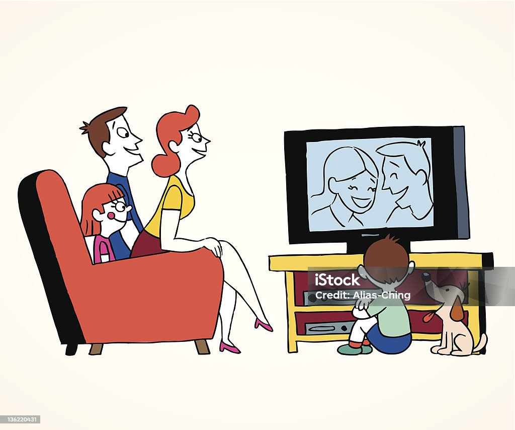Rodzinne oglądanie telewizji - Grafika wektorowa royalty-free (Oglądać telewizję)