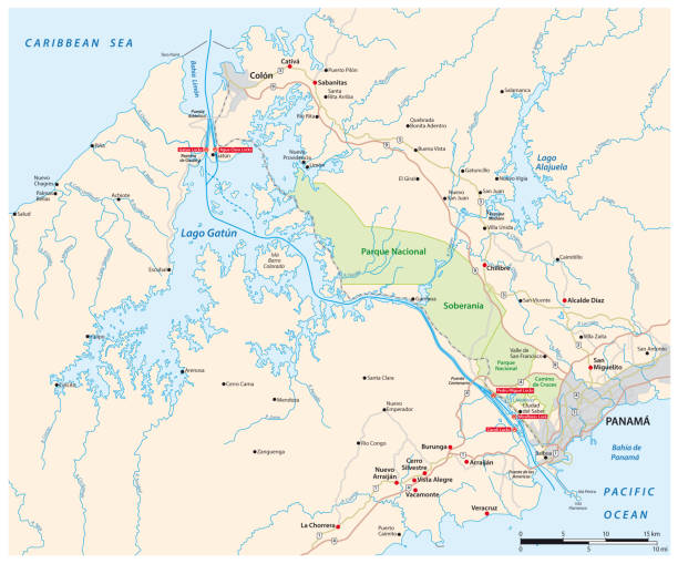 ilustraciones, imágenes clip art, dibujos animados e iconos de stock de mapa vectorial de la vía fluvial de 82 kilómetros de largo canal de panamá, panamá - panama canal panama canal lock panama city