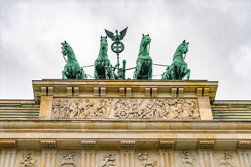 Berlin, Germany - October 22, 2021: Detail of the Berlin Brandenburg Tor (German for Gate), quadriga