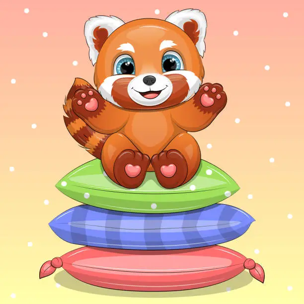 Vector illustration of Cute cartoon red panda sits on pillows.