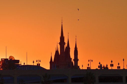 Tokyo, Japan-January 1, 2022:\nThe first sunrise of the year 2022 over Cinderella Castle of Tokyo Disneyland , as taken across a part of Tokyo Bay from Kasai Rinkai (Seaside) Park, Edogawa Ward, Tokyo.