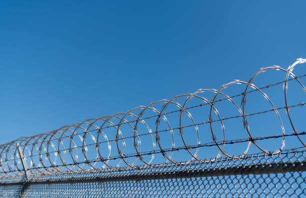 barbwire perimeter fence. ensuring safety and security. jail wall. - razor wire imagens e fotografias de stock