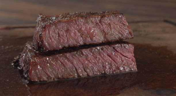 steaks on shot with selective focus Juicy medium Beef. Grilled tasty beef steak