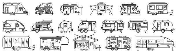 ilustrações, clipart, desenhos animados e ícones de um trailer familiar para viagens, recreação de veículos, mobile home, motor home. conjunto de ícones vetoriais, contorno, isolado - mobile home vehicle trailer motor home isolated