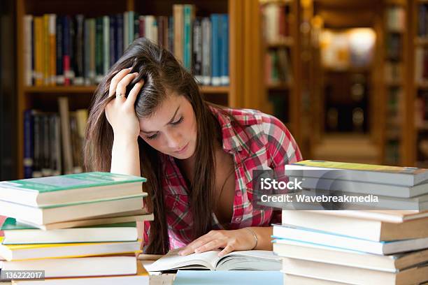 Concentra Estudiantes Rodeado De Libros Foto de stock y más banco de imágenes de Estrés - Estrés, Estudiante de universidad, Aprender