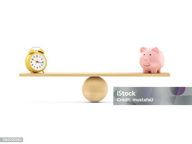 3d Render Piggy Bank And Alarm Clock Seesaw Balancing On White Background Stock Photo Stock Photo - Download Image Now