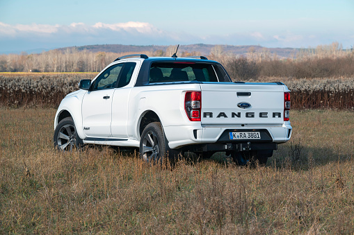 Budapest, Hungary - 18th November, 2021: Ford Ranger MS-RT on a grass. The Ranger is the most popular pickup vehicle in Europe.