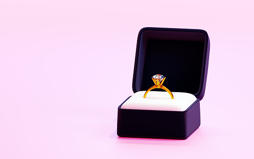 Diamond engagement ring in blue box. 3D Rendering