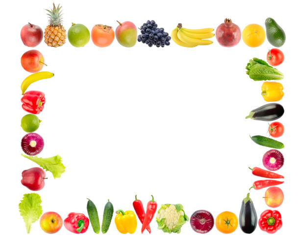 istock Frame from bright and multi-colored vegetables and fruits isolated on white 1362220981