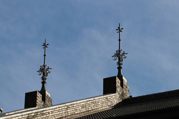 istock Old red brick warehouse roof ornament 1362221184