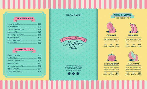 bildbanksillustrationer, clip art samt tecknat material och ikoner med vintage cupcake cafe or ice cream tri-fold brochure menu for cute bakery restaurant promo poster or flyer - strawberry cake