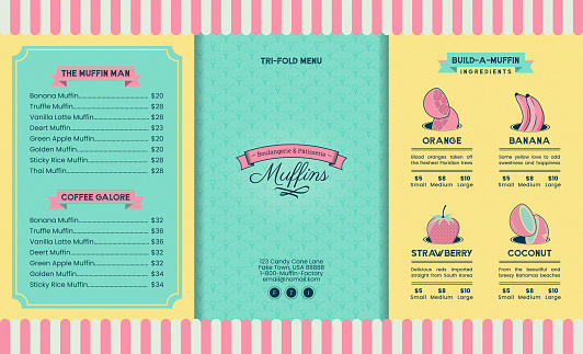 Vintage Cupcake Cafe or Ice Cream Tri-fold Brochure Menu for Cute Bakery Restaurant Promo Poster or Flyer