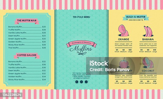 istock Vintage Cupcake Cafe or Ice Cream Tri-fold Brochure Menu for Cute Bakery Restaurant Promo Poster or Flyer 1362228524