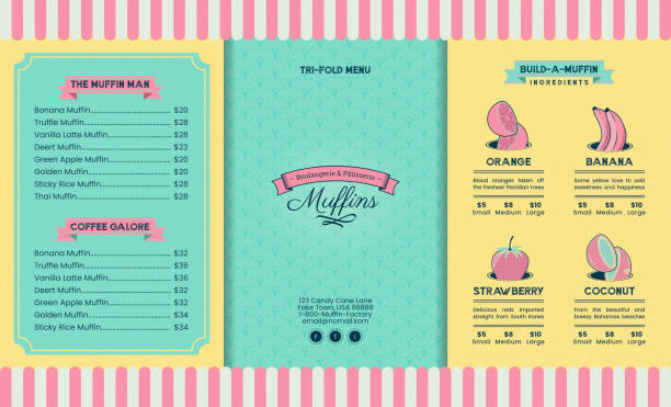 Vintage Cupcake Cafe or Ice Cream Tri-fold Brochure Menu for Cute Bakery Restaurant Promo Poster or Flyer vector art illustration