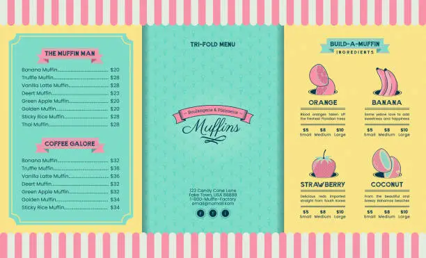 Vector illustration of Vintage Cupcake Cafe or Ice Cream Tri-fold Brochure Menu for Cute Bakery Restaurant Promo Poster or Flyer
