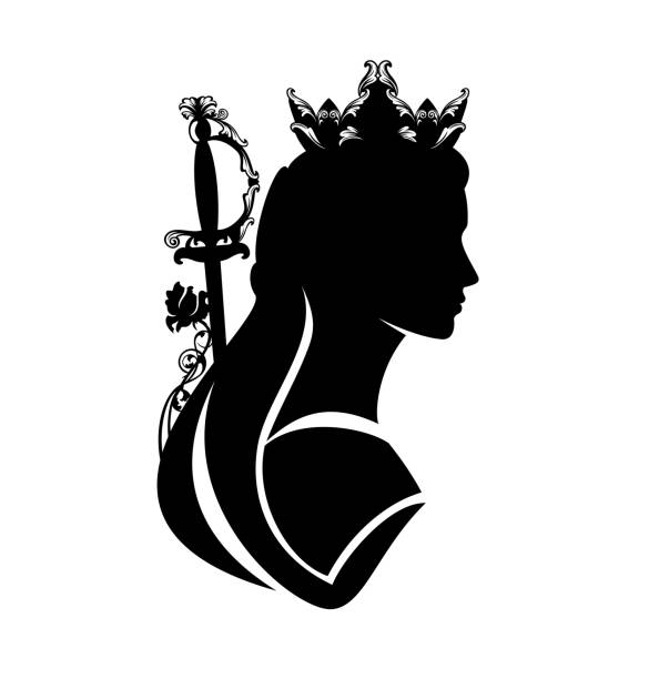 black vector silhouette portrait of fairy tale princess warrior with epee sword, rose flower decor and long hair fairy tale queen or princess warrior with rose flower, elegant sword and medieval style long hair black and white vector silhouette portrait fairy rose stock illustrations