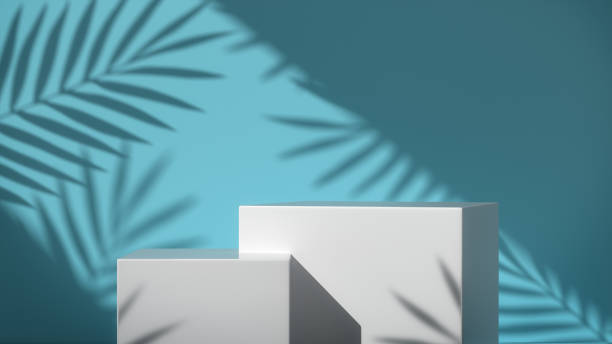 istock White pedestal display stand for product show with trees shadow on wall. 1362230610