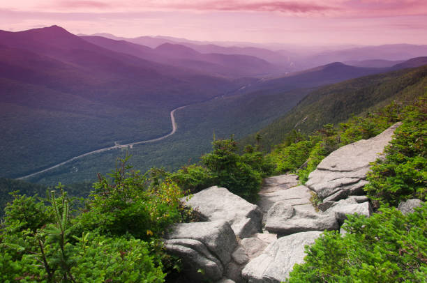 sunset on cannon mountain aerial view of franconia notch new hampshire Franconia notch sunset landscape aerial view from on top of Cannon Mountain in the white mountains of new hampshire. franconia new hampshire stock pictures, royalty-free photos & images