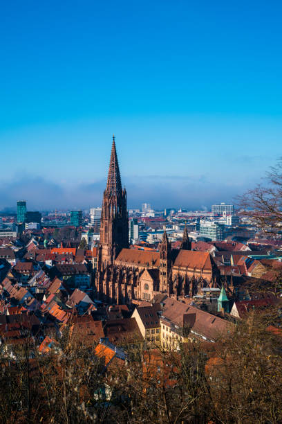Germany, Freiburg im Breisgau cityscape, muenster cathedral in winter misty atmosphere, aerial panorama view above at sunset stock photo