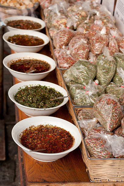 istock Spices in plastic bags and sauces in bowls 136223242