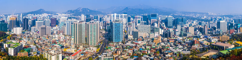 Aerial panorama over the crowded high-rise cityscape of central Seoul, South Korea’s vibrant capital city.