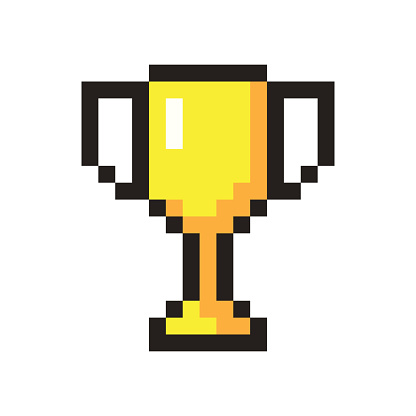 Pixel art golden cup award trophy icon.