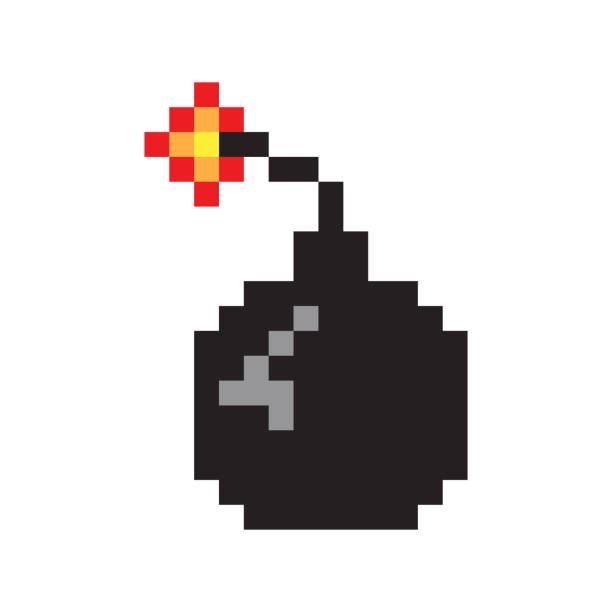 Pixel game icons vector, isolated bombs with fire. Graphics of retro gaming, flat style of weapon with flames, destruction and danger explosive substance Pixel game icons vector, isolated bombs with fire. Graphics of retro gaming, flat style of weapon with flames, destruction and danger explosive substance. bomb stock illustrations