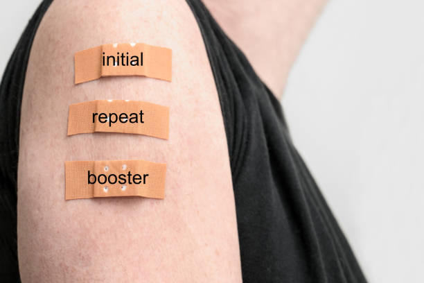 istock Male arm with three medical plasters after vaccinations against covid-19, text - initial, repeat and booster dose, copy space, selected focus 1362236622