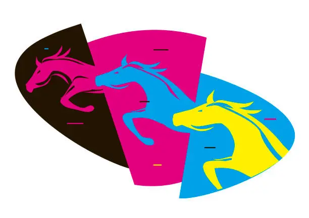 Vector illustration of Fast printing concept, three jumping horses.