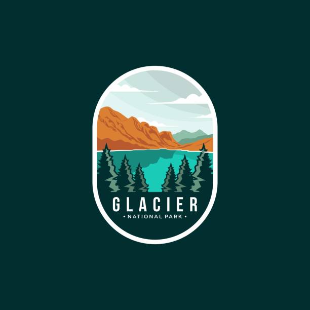 어두운 배경에 빙하 국립 공원 엠블럼 패치 아이콘 그림 - montana us glacier national park glacier scenics stock illustrations