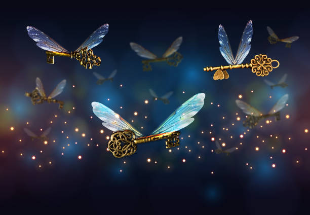 flying key meaning of life unlock secret - fantasy imagens e fotografias de stock