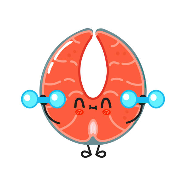 Cute Funny Red Fish Salmon Character With Dumbbells Vector Hand