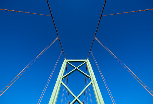 A low angle view while driving across a suspension bridge.