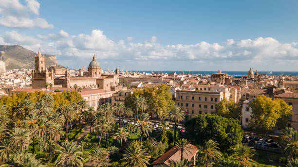 AERIAL VIEW AT PALERMO Aerial view at the city of Palermo. Palermo, Italy - December 10, 2021 palermo sicily photos stock pictures, royalty-free photos & images