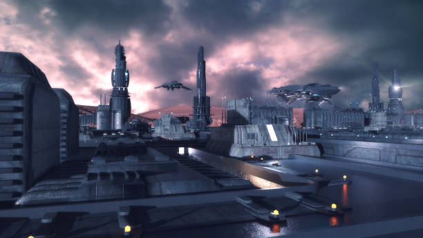 istock 3d rendering. Futuristic city and spaceships 1362246104