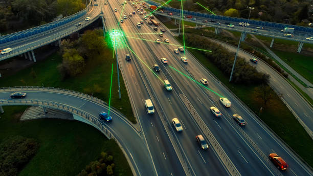 istock Visualisation of 5G network connections supporting road transport. 1362246705
