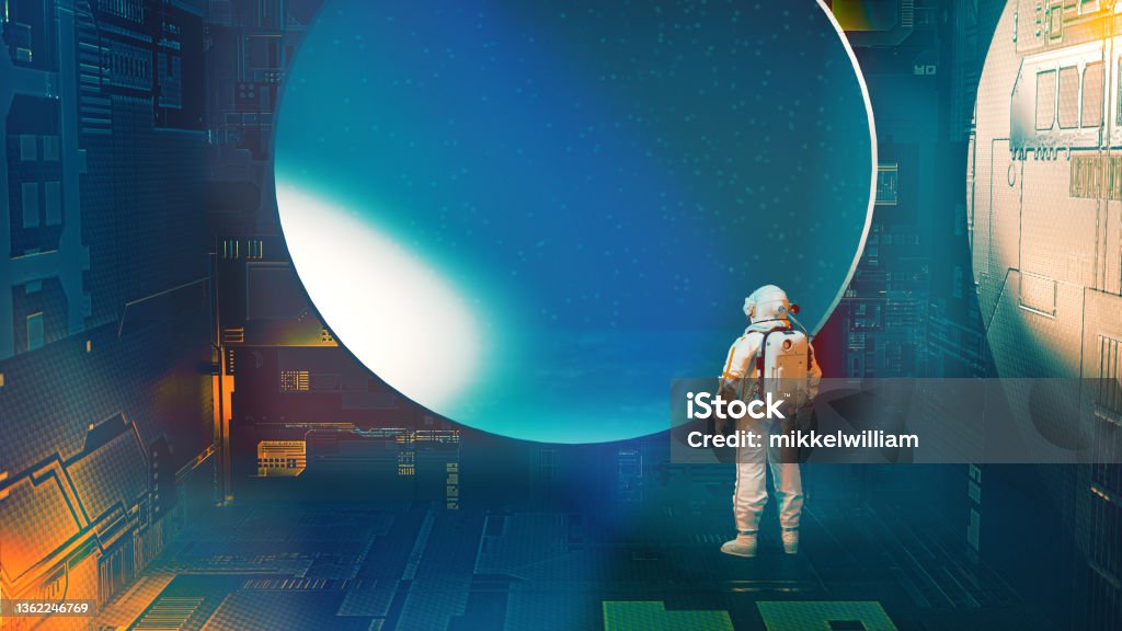 Astronaut is on  a mission in space and looks out of a window Working in space. Astronaut or scientist wears a space suit and stands in either a space station or a space ship. The person looks out of a window. Spaceship Stock Photo