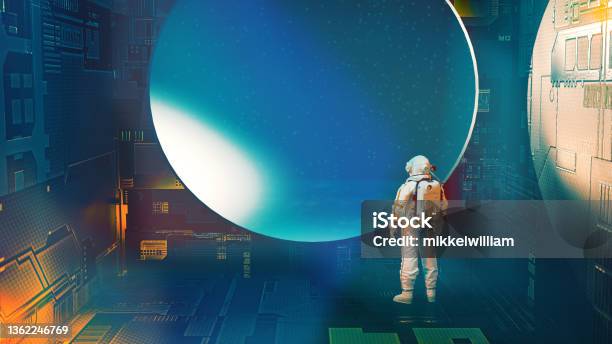 Astronaut Is On A Mission In Space And Looks Out Of A Window Stock Photo - Download Image Now