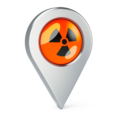 Map pointer with radiation flag, 3D rendering isolated on white background