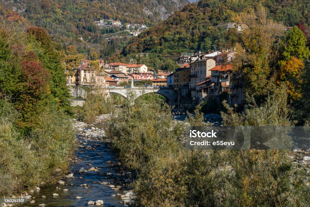 The beautiful village of Varallo, during fall season, in Valsesia (Sesia Valley). Province of Vercelli, Piedmont, Italy. Varallo Sesia Stock Photo
