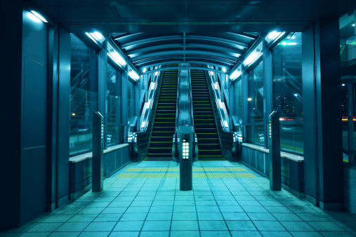 entrance to the escalators hall with night illumination