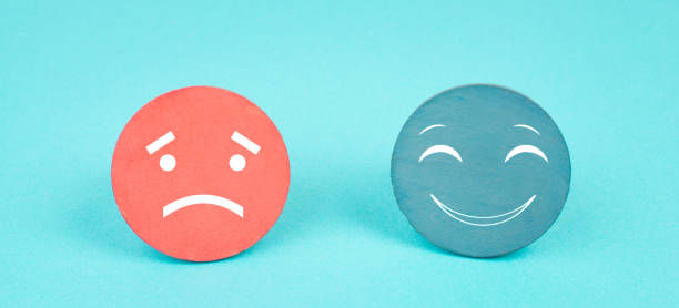 istock Faces with different emotions, sad, happy, business rating, blue background 1362258347
