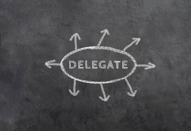 The word delegate is standing in a cricle, arrows pointing to the outside, copy space for text, business outsourcing