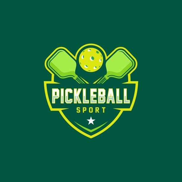 illustrations, cliparts, dessins animés et icônes de badge d’icône de la communauté pickleball sur fond sombre - sport de raquette