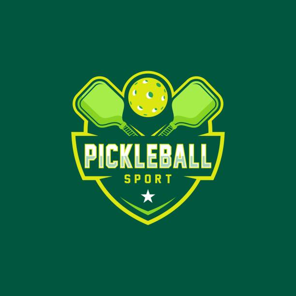 illustrazioni stock, clip art, cartoni animati e icone di tendenza di badge dell'icona della comunità pickleball su sfondo scuro - sport con racchetta