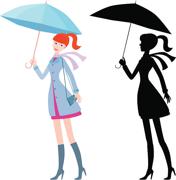 голубой зонт - scarf blowing women autumn stock illustrations