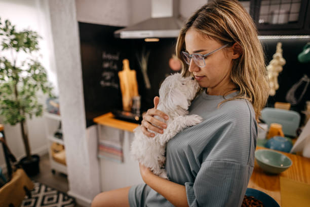 istock Young women playing with pet dog 1362263261