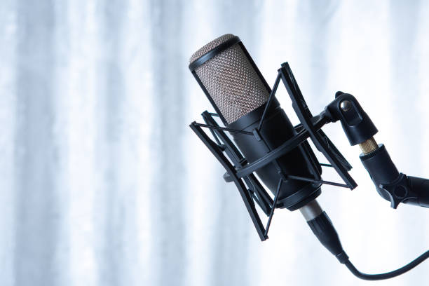 istock studio black condenser microphone against gray curtains 1362263484