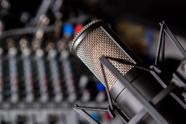 istock sound mixer and faders with condenser microphone DJ disco 1362263534